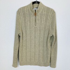 Tommy Bahama Sweater Mens Medium Tan Beige Cable Knit Fisherman Preppy 1/4 Zip